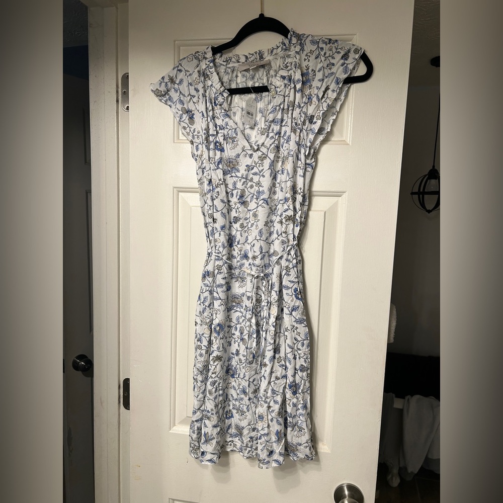 🆕 NWT LOFT Women's Ruffled Short Sleeve Floral Dress Midi Length White/Blue - Picture 6 of 11